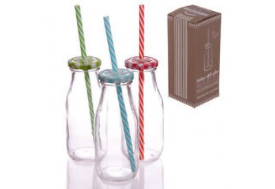 Vintage Style Glass Milk Bottle with Coloured Top & Straw